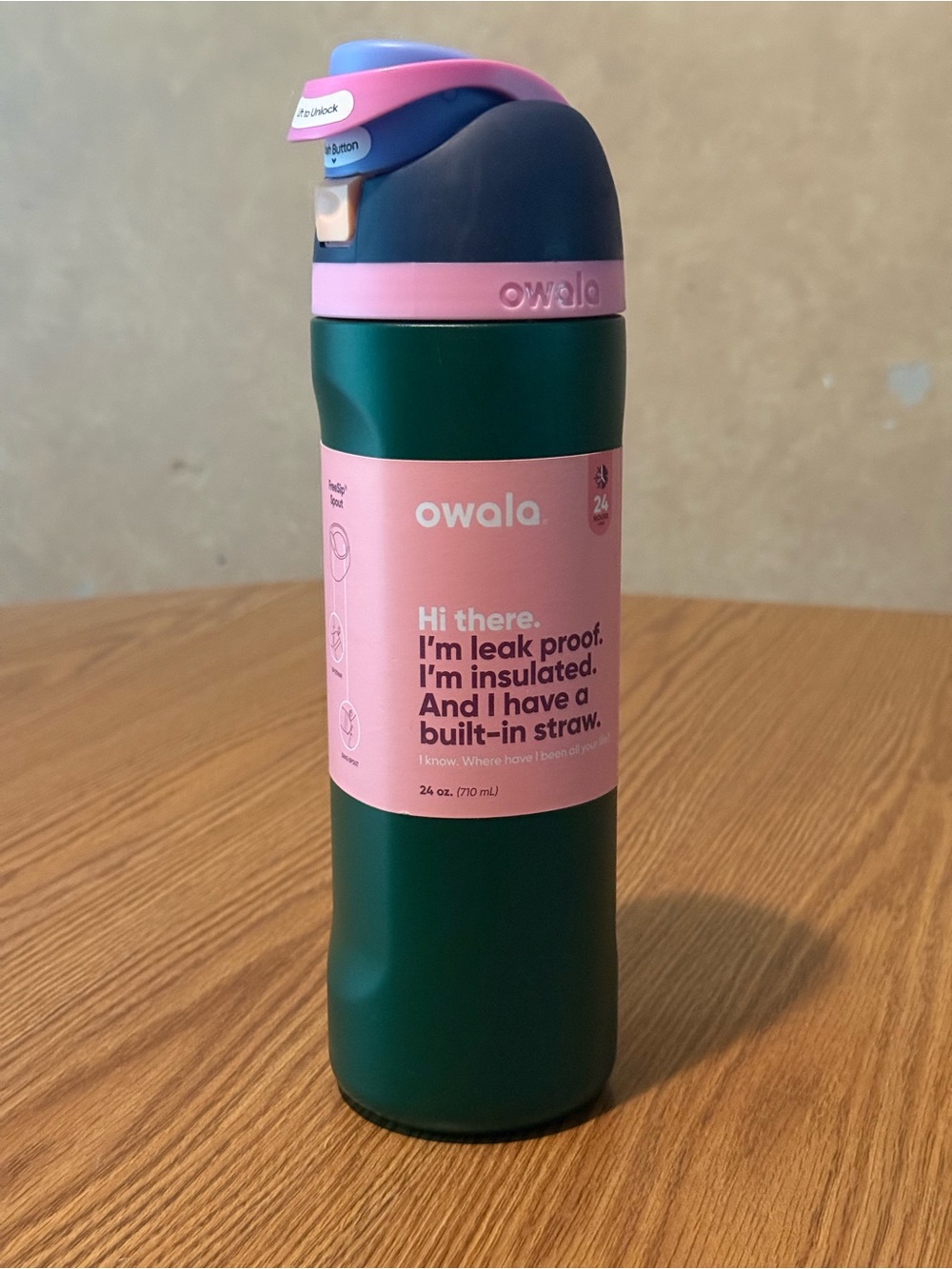 Owala Insulated 24 oz Water Bottle with Built-In Straw — Green & Pink